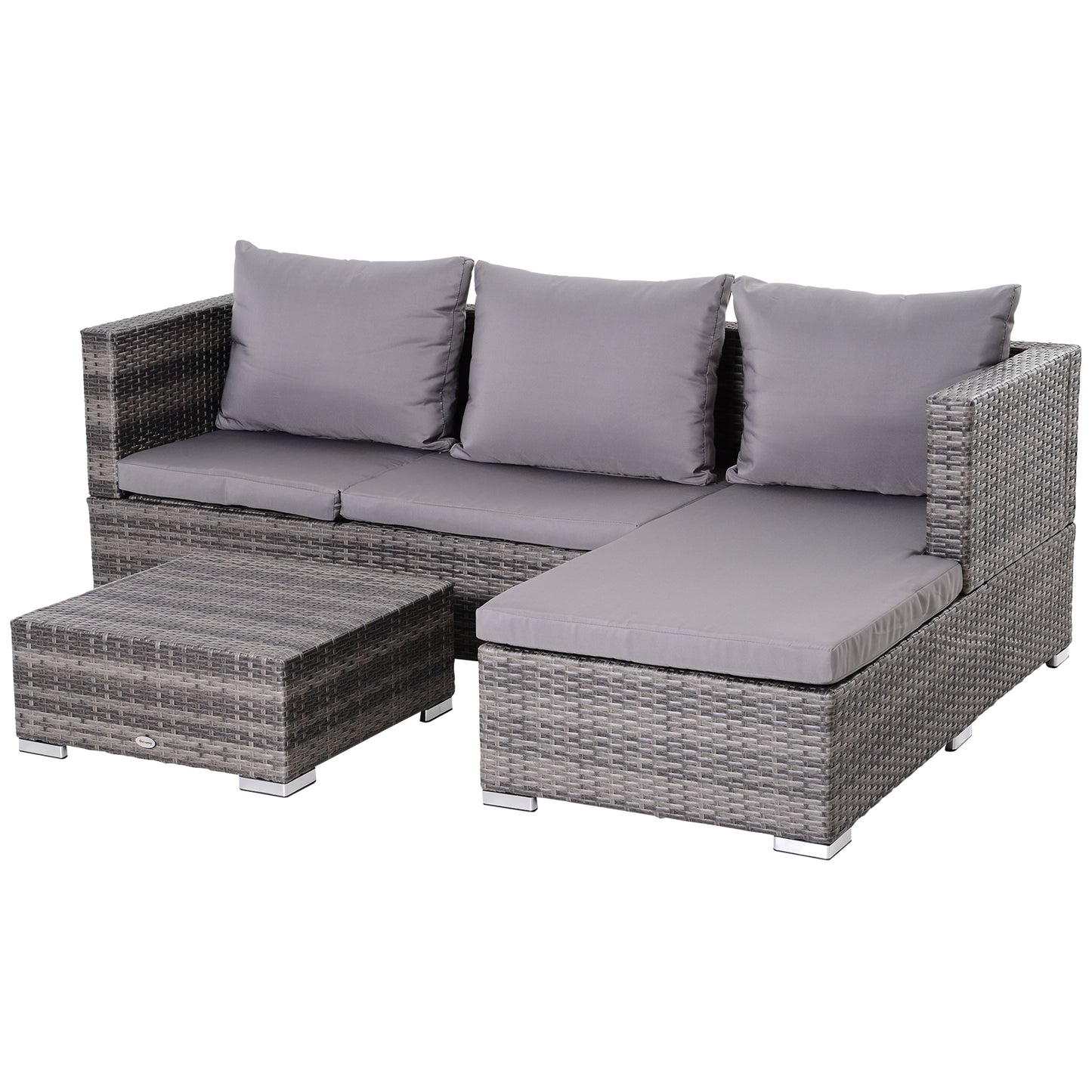 3PC Rattan Garden Furniture Storage Sofa Set 4 Seater Wicker Coffee Table Conservatory Sun Lounger Reclining Set Outdoor Weave With Cushion Grey