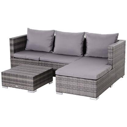 3PC Rattan Garden Furniture Storage Sofa Set 4 Seater Wicker Coffee Table Conservatory Sun Lounger Reclining Set Outdoor Weave With Cushion Grey