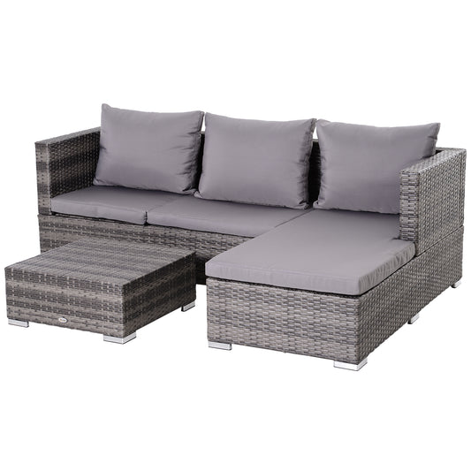 3PC Rattan Garden Furniture Storage Sofa Set 4 Seater Wicker Coffee Table Conservatory Sun Lounger Reclining Set Outdoor Weave With Cushion Grey