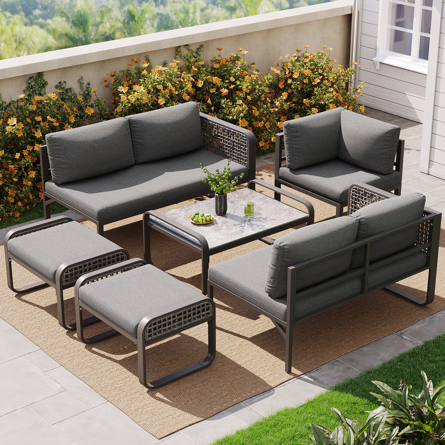 Outdoor Garden Lounge Set, Rattan Furniture Set For 6-7 People, Corner Sofa With Galvanised Iron Frame, Adjustable Legs, Includes All Seat And Back Cushions, Grey