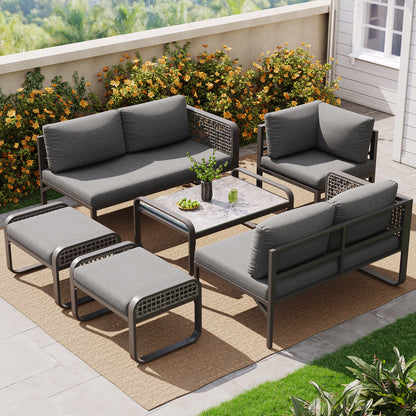 Outdoor Garden Lounge Set, Rattan Furniture Set For 6-7 People, Corner Sofa With Galvanised Iron Frame, Adjustable Legs, Includes All Seat And Back Cushions, Grey