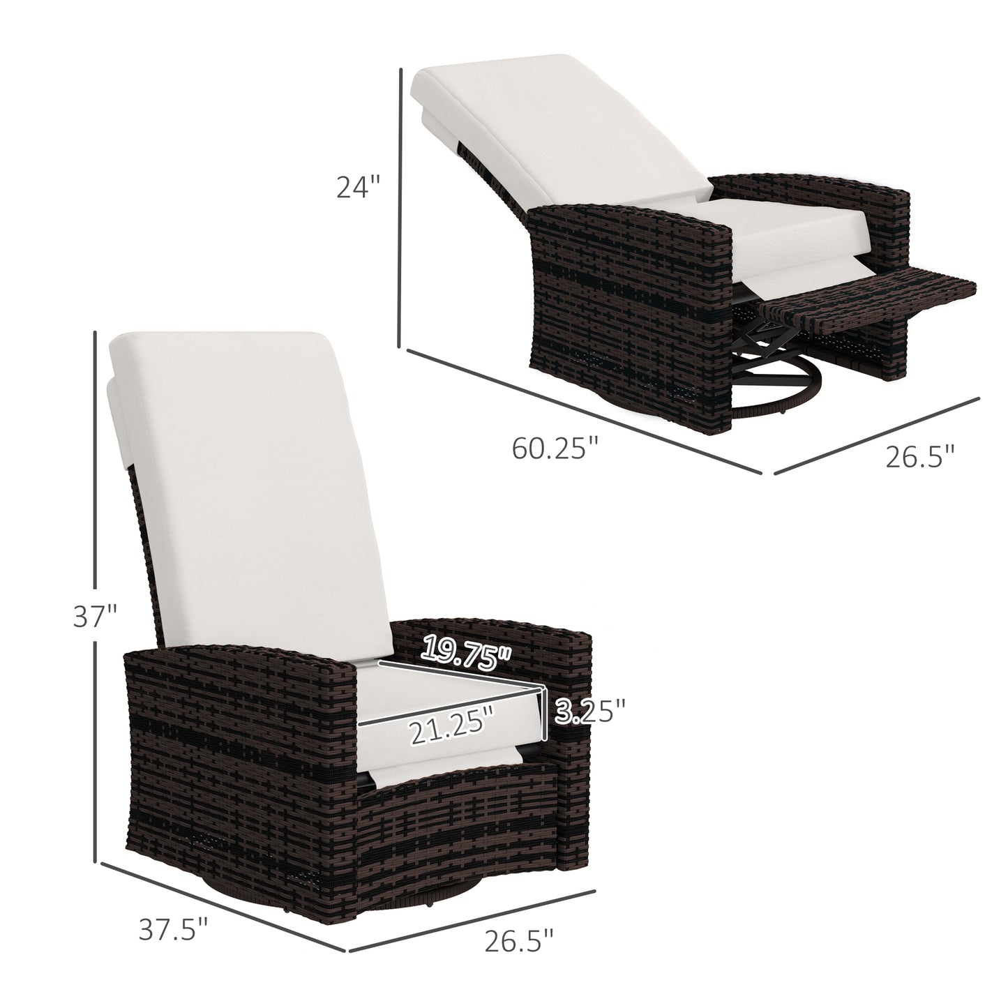 Outdoor Wicker Swivel Recliner Chair, Lifting Footrest, 360 Rotating Basic, Water-resistant Cushions, Khaki