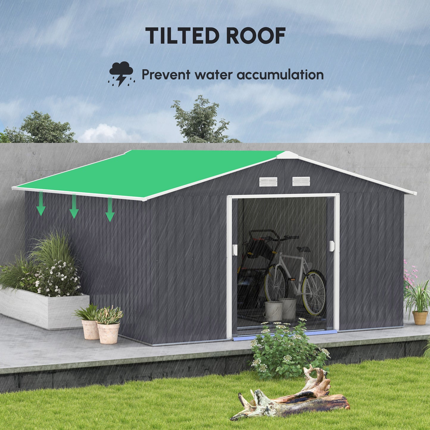 12.6' X 11' Metal Storage Shed, Garden Tool House With Double Sliding Doors, 4 Air Vents For Backyard, Patio & Lawn, Dark Gray