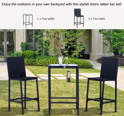 Wicker Bar Set, 3-Piece Outdoor Counter Height With Glass Top Table & Stools, All-Weather - Black