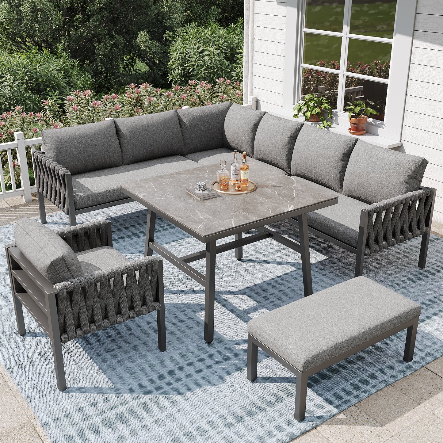 Garden Furniture Set, Rope-weave Outdoor Sofa Set With Galvanized Steel Frame, Adjustable Legs, L-shaped Sofa, Tempered Glass Table Top, Includes All Seat And Back Cushions, Grey