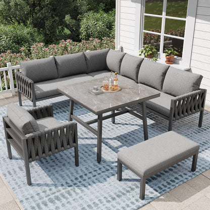 Garden Furniture Set, Rope-weave Outdoor Sofa Set With Galvanized Steel Frame, Adjustable Legs, L-shaped Sofa, Tempered Glass Table Top, Includes All Seat And Back Cushions, Grey