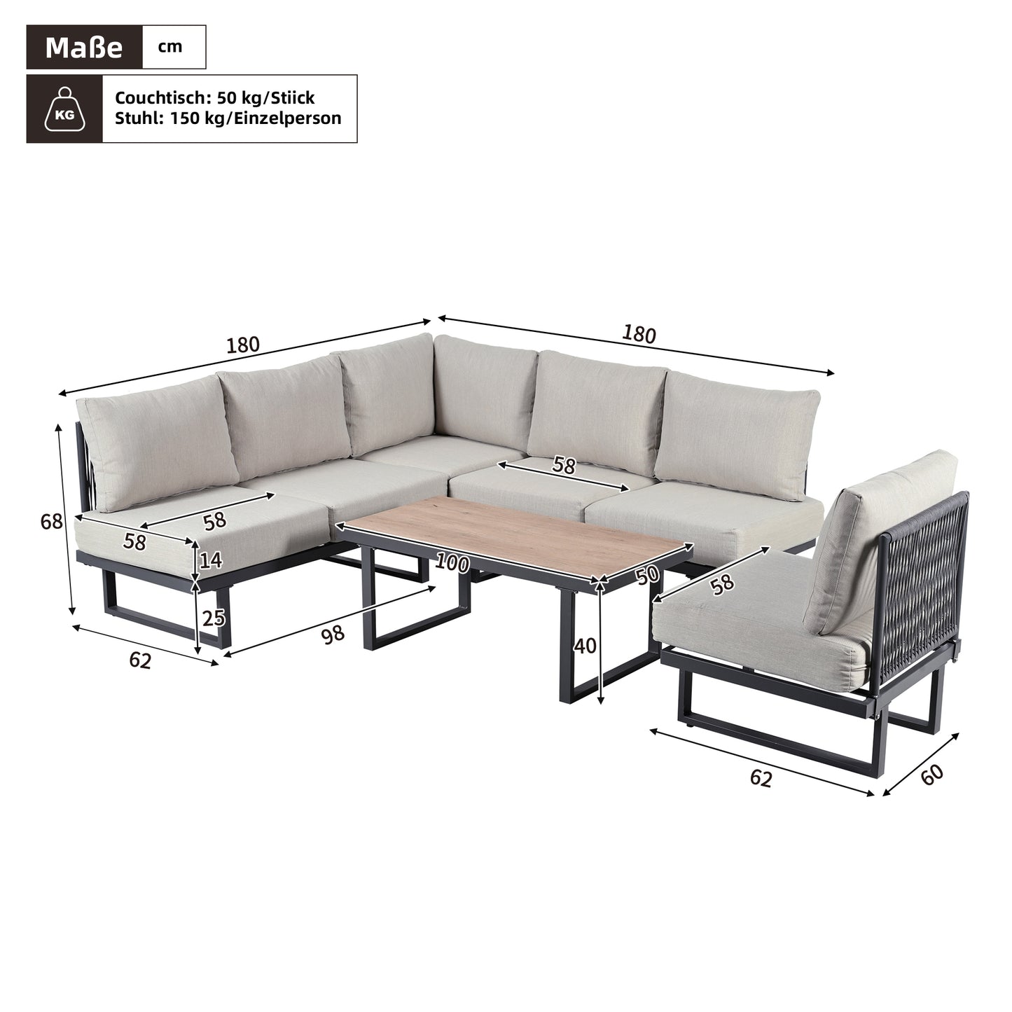 5-6 Seater Modular Garden Relaxation Set, Galvanized Iron Frame Outdoor Patio Furniture, 5-piece Set, Glass Tabletop Table Included, All Chairs And Backrest Cushions, Grey