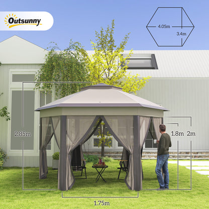 3 X 4m Garden Gazebo Hexagon Pop Up Gazebo Party Tent Canopy Double Roof Instant Shelter With Netting And Carry Bag For Outdoor Patio, Beige