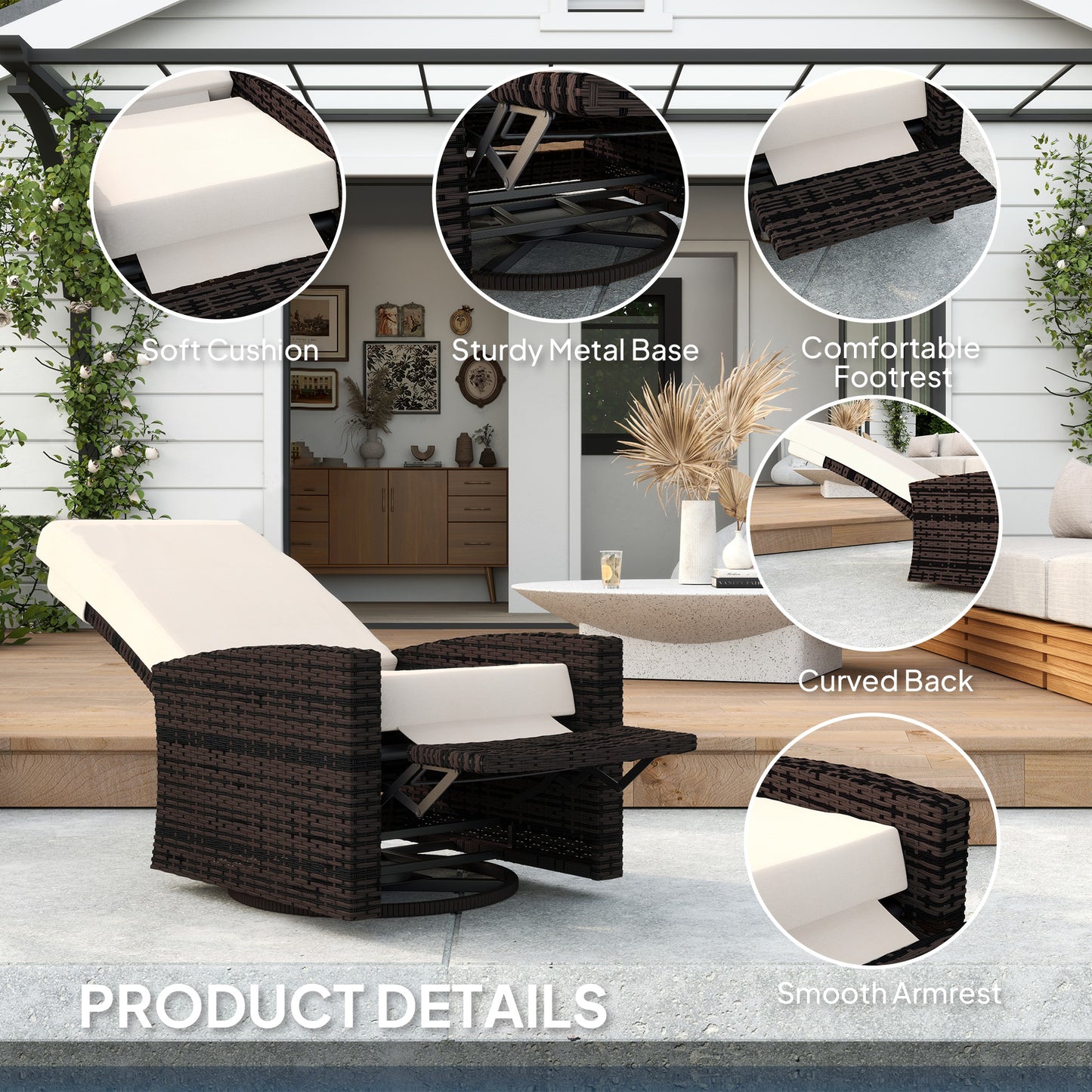 Outdoor Wicker Swivel Recliner Chair, Lifting Footrest, 360 Rotating Basic, Water-resistant Cushions, Khaki