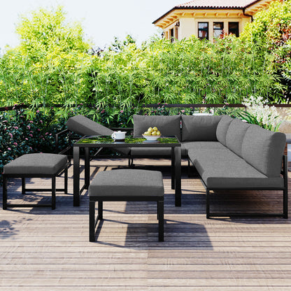 Outdoor Garden Lounge Sofa Seating Set, Garden Balcony Furniture With Reclining Function, Backrest Adjustable In Four Directions, Includes All Soft Seat Cushions And Backrest, Grey