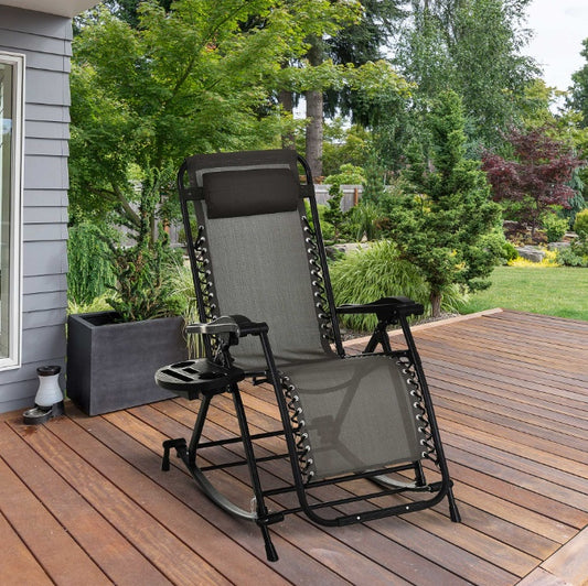 Relaxation Redefined  Grey Zero Gravity Rocker With Headrest, Tray  Phone Holder