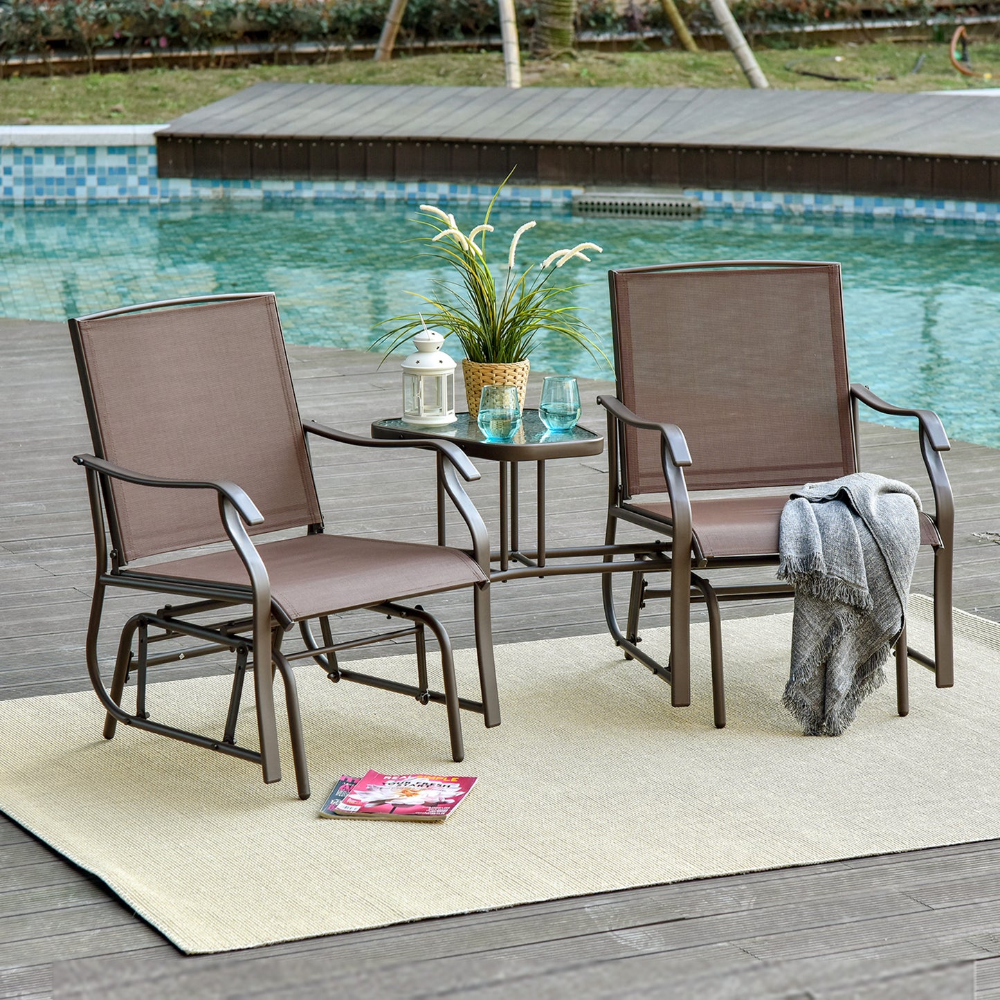 2-Seat Outdoor Glider Swing, Double Independent Rocker Chair, With Center Coffee Table, Breathable Sling Fabric, Coffee Brown