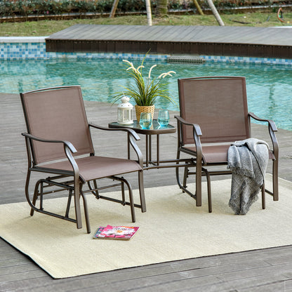 2-Seat Outdoor Glider Swing, Double Independent Rocker Chair, With Center Coffee Table, Breathable Sling Fabric, Coffee Brown