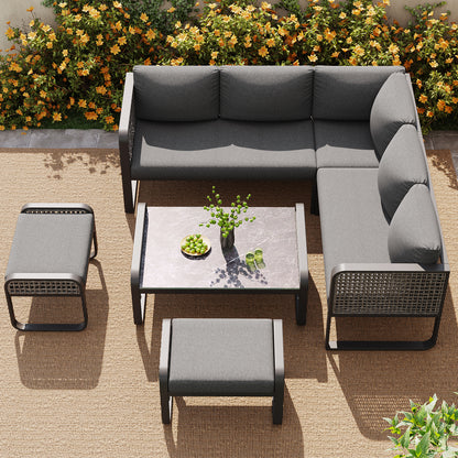 Outdoor Garden Lounge Set, Rattan Furniture Set For 6-7 People, Corner Sofa With Galvanised Iron Frame, Adjustable Legs, Includes All Seat And Back Cushions, Grey