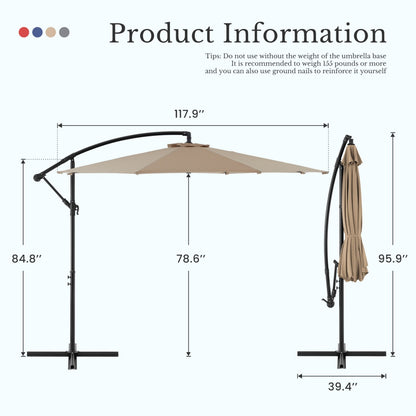 9.8FT Offset Patio Umbrella Hanging Cantilever Umbrella Outdoor Sun Shade With Easy Tilt Adjustment, 8 Ribs, UV Protection For Backyard, Lawn