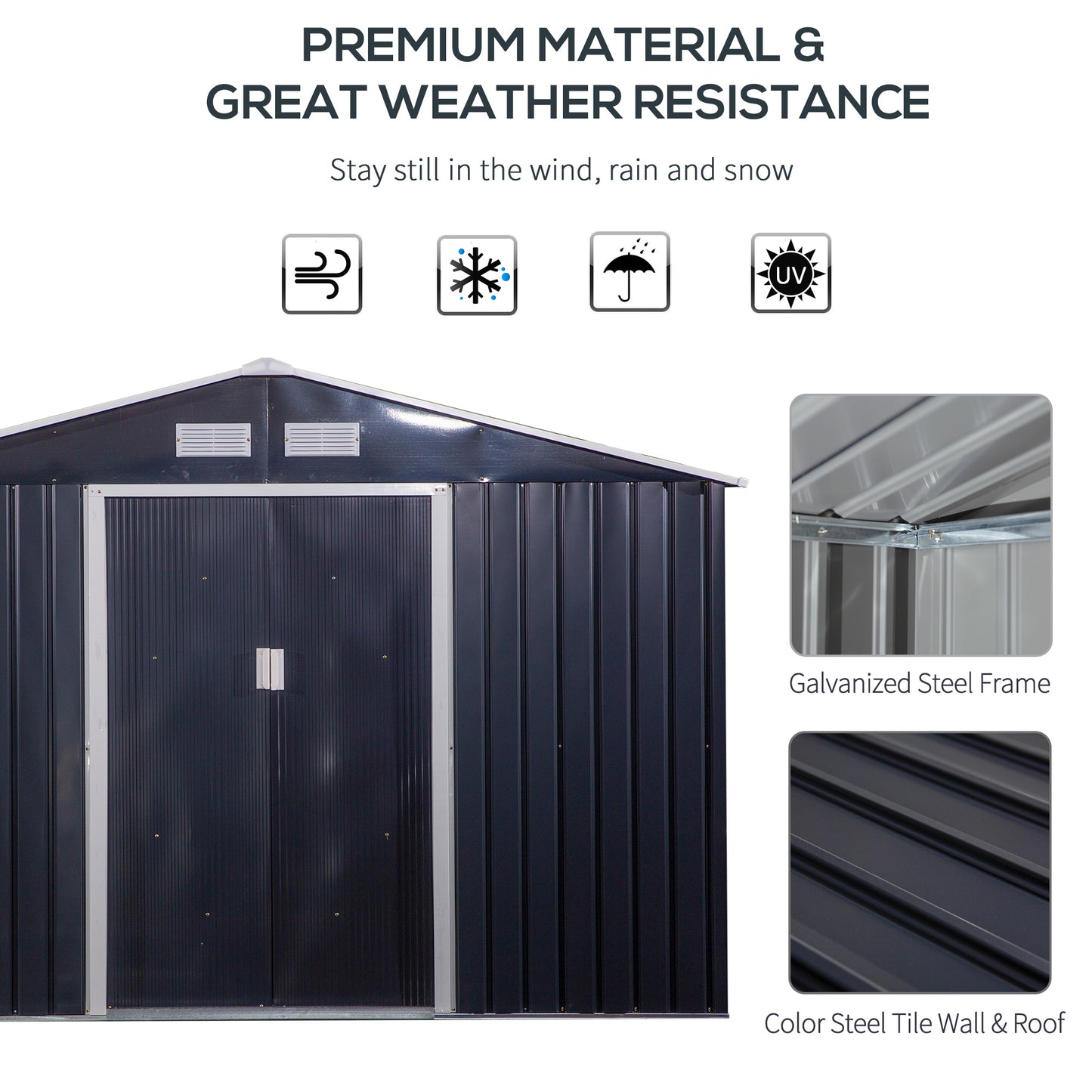 11' X 9' Metal Storage Shed, Garden Tool House With Double Sliding Doors, 4 Air Vents For Backyard, Patio & Lawn, Dark Gray
