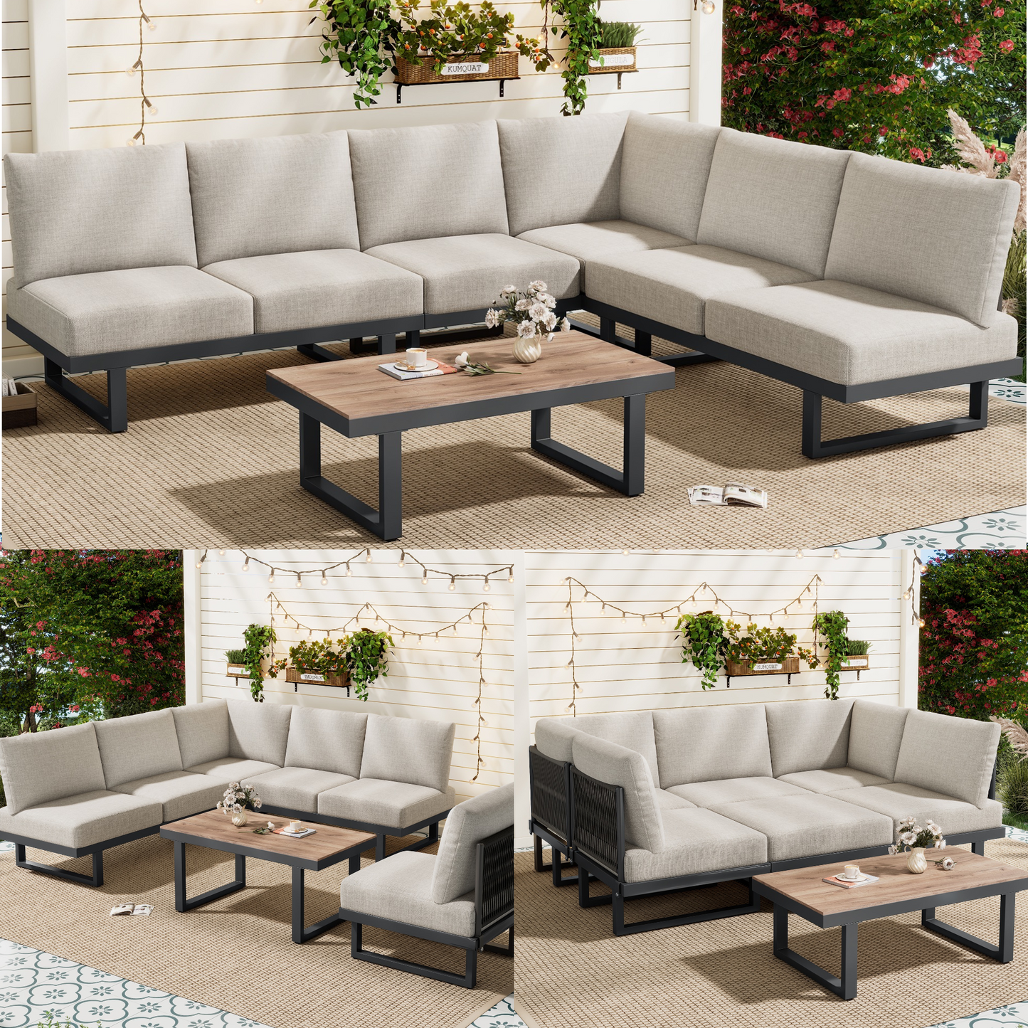 5-6 Seater Modular Garden Relaxation Set, Galvanized Iron Frame Outdoor Patio Furniture, 5-piece Set, Glass Tabletop Table Included, All Chairs And Backrest Cushions, Grey