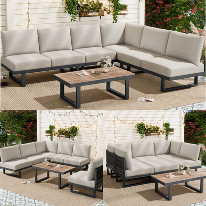 5-6 Seater Modular Garden Relaxation Set, Galvanized Iron Frame Outdoor Patio Furniture, 5-piece Set, Glass Tabletop Table Included, All Chairs And Backrest Cushions, Grey