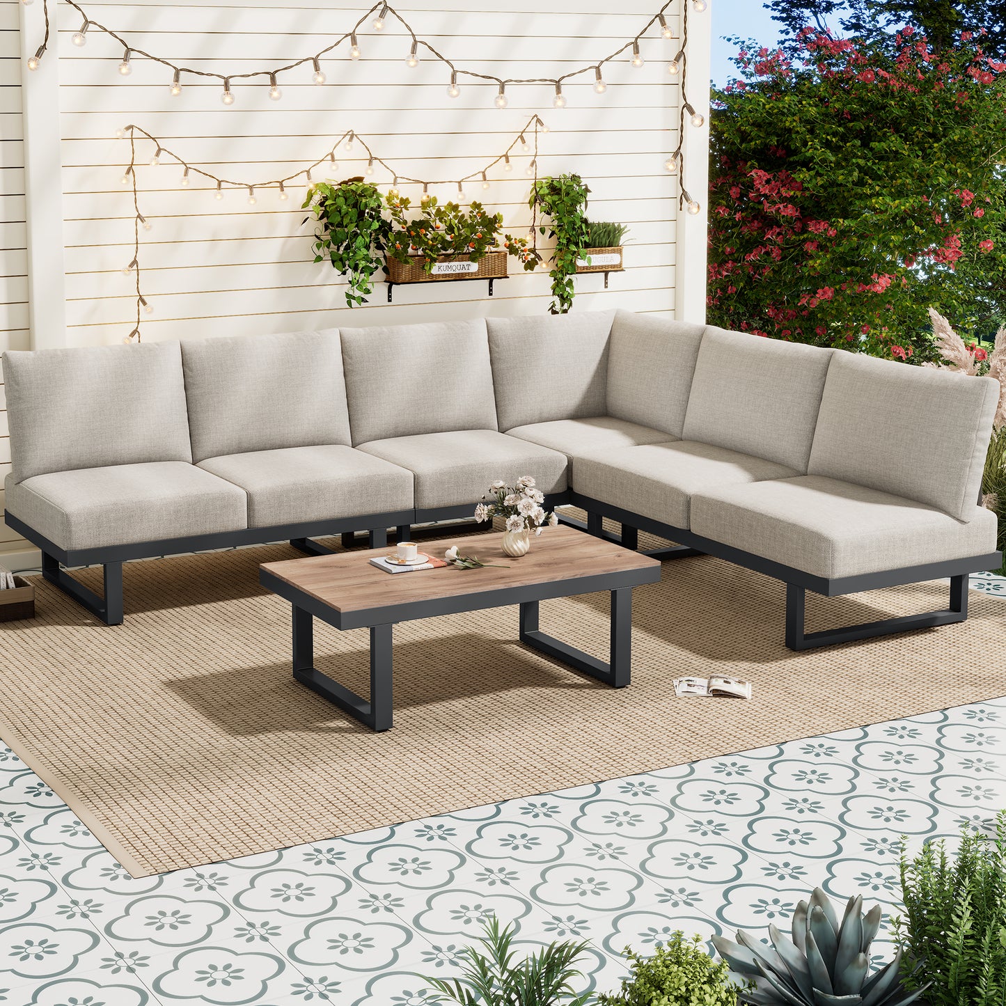 5-6 Seater Modular Garden Relaxation Set, Galvanized Iron Frame Outdoor Patio Furniture, 5-piece Set, Glass Tabletop Table Included, All Chairs And Backrest Cushions, Grey