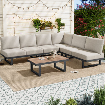 5-6 Seater Modular Garden Relaxation Set, Galvanized Iron Frame Outdoor Patio Furniture, 5-piece Set, Glass Tabletop Table Included, All Chairs And Backrest Cushions, Grey