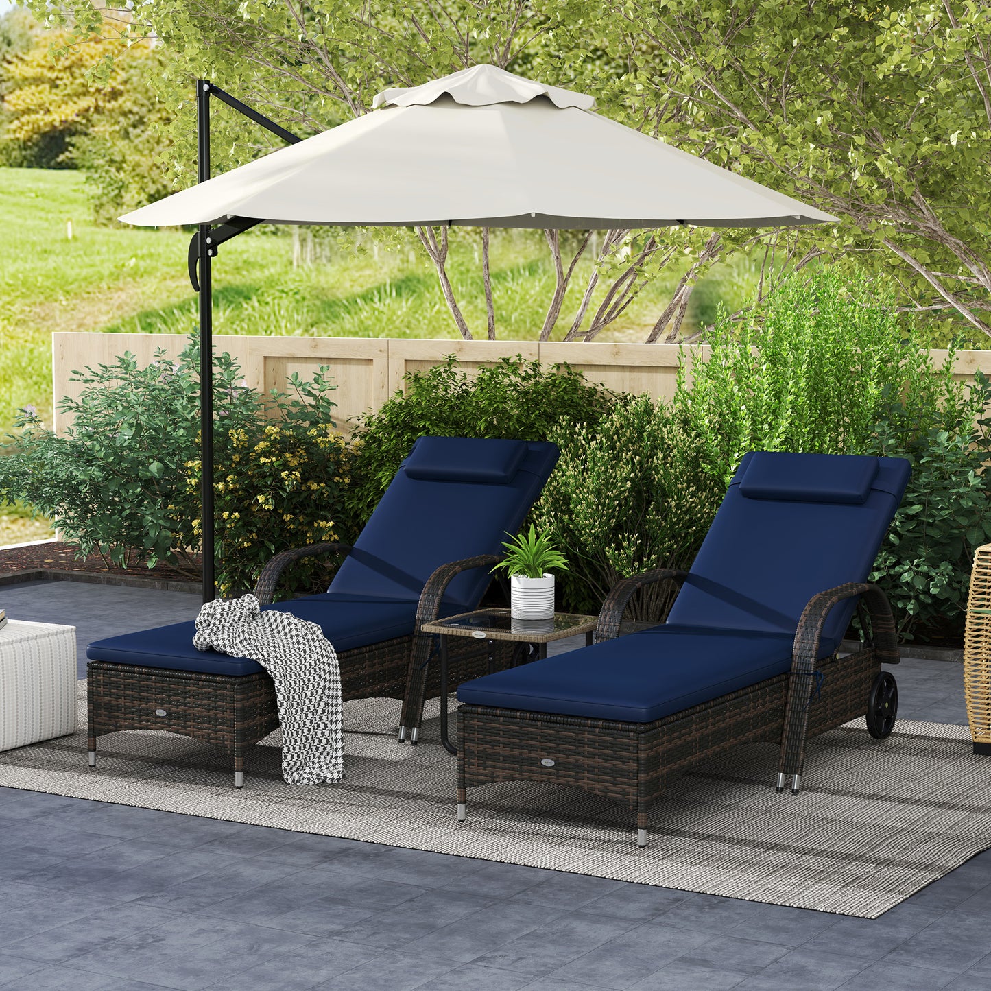 2 Reclining Chaise Lounge Chairs, Rolling Outdoor Chairs With Cushion, Pillow, Headrest, Armrests, And Wheels, Dark Blue