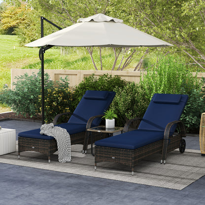 2 Reclining Chaise Lounge Chairs, Rolling Outdoor Chairs With Cushion, Pillow, Headrest, Armrests, And Wheels, Dark Blue