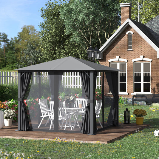 10'x10' Covered Gazebo, Outdoor Patio Gazebo With Mesh Sidewalls And Privacy Curtains, Canopy Pergolas In Black