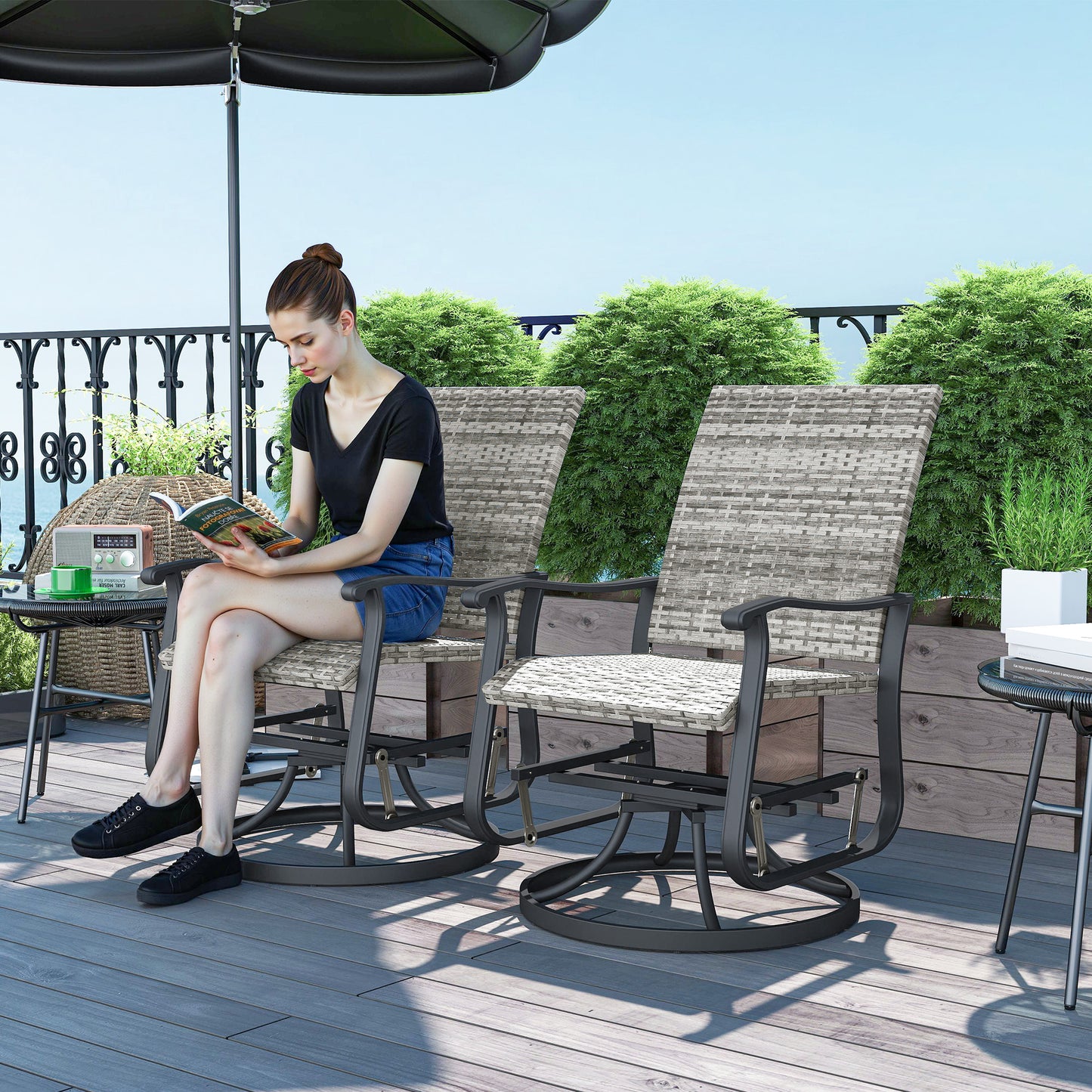 Wicker Rattan Swivel Patio Glider Chair Set Of 2, Outdoor Glider Chair With Steel Frame, High Back, Armrests, Yellow