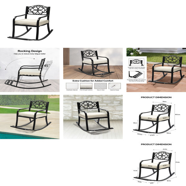 Metal Rocking Chair, Outdoor Rocking Bench With Cushion, Patio Rocker With Footrest, Weatherproof Rocking Chair For Outside, Patio, Garden, Flower Backrest