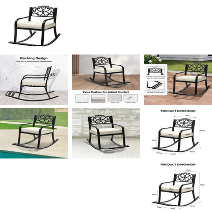 Metal Rocking Chair, Outdoor Rocking Bench With Cushion, Patio Rocker With Footrest, Weatherproof Rocking Chair For Outside, Patio, Garden, Flower Backrest
