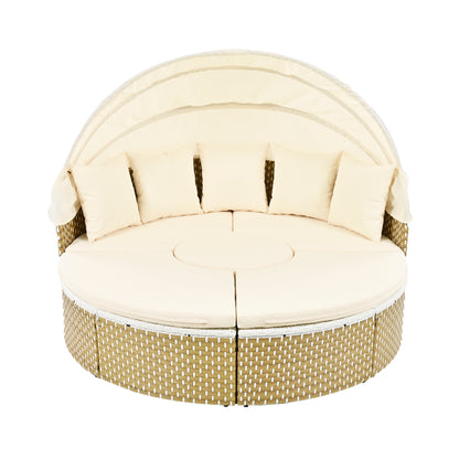 TOPMAX Patio Furniture Round Outdoor Sectional Sofa Set Rattan Daybed Two-Tone Weave Sunbed With Retractable Canopy, Separate Seating And Removable Cushion, Beige