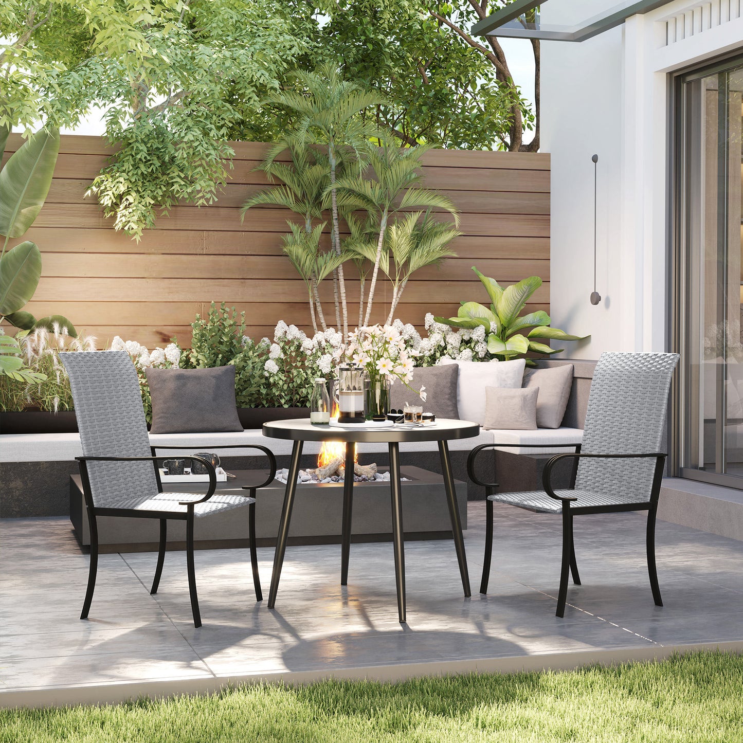 Set Of 4 Outdoor Wicker Dining Chairs With Armrest, Steel Frame, High Back And Deep Seating, Gray