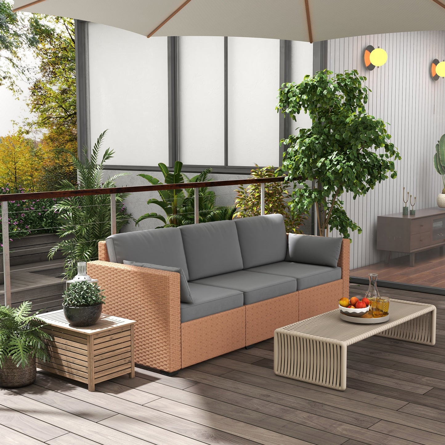 Patio Couch PE Wicker Deep Seating Outdoor Sofa With Removable Cushions, 3 Seater Rattan Sofa, Outdoor Furniture For Balcony, Deck, Garden And Poolside, Sand