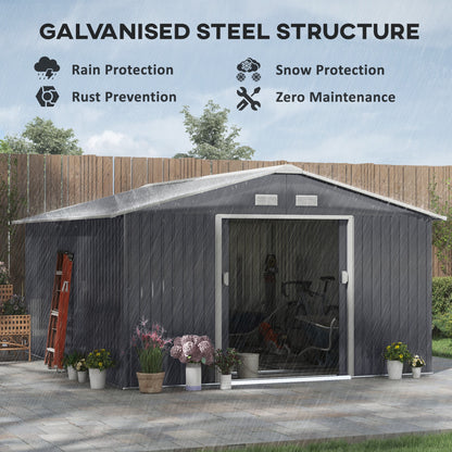 12.6' X 11' Metal Storage Shed, Garden Tool House With Double Sliding Doors, 4 Air Vents For Backyard, Patio & Lawn, Dark Gray