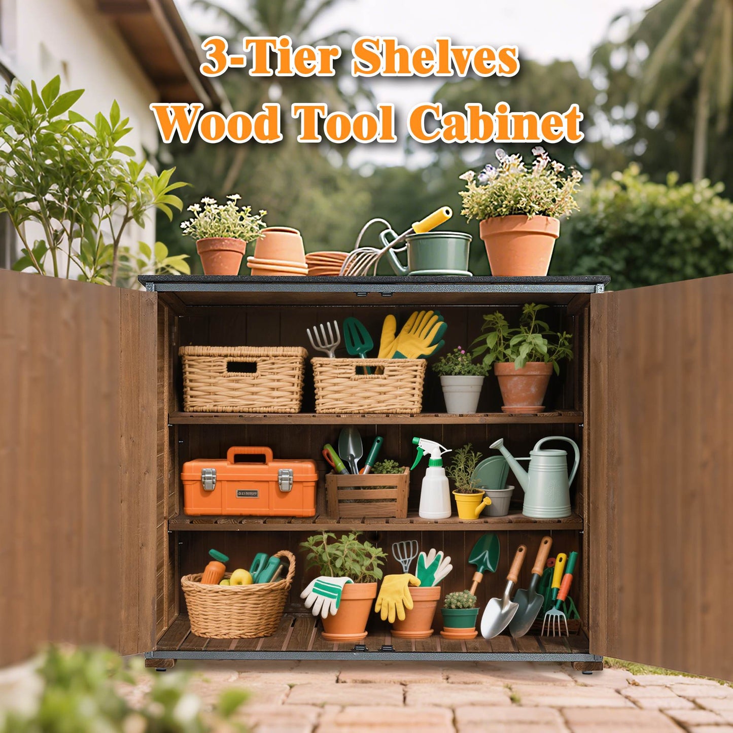 Outdoor Storage Cabinet 50.4L X 26.8W X 41H Ft Garden Shed Tool Shed With Metal Frame Structure For Garden Patio Lawn Brown