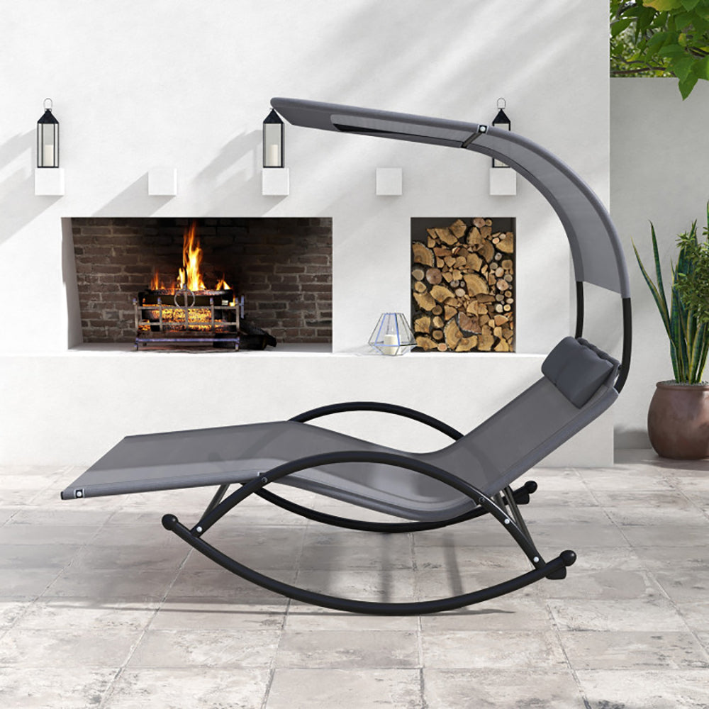 Outdoor Dual Rocker Sunbed 2-Person Canopied Patio Lounger With Detachable Headrests