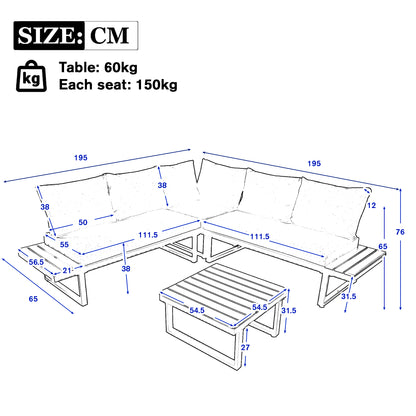 4-5 Seater Garden Lounge Set, Galvanized Iron Frame Outdoor Patio Furniture, 4-Piece Set, Reclining & Adjustable Seating, WPC Tabletop Table Included, Beige Fabric  Dark Gray Frame.