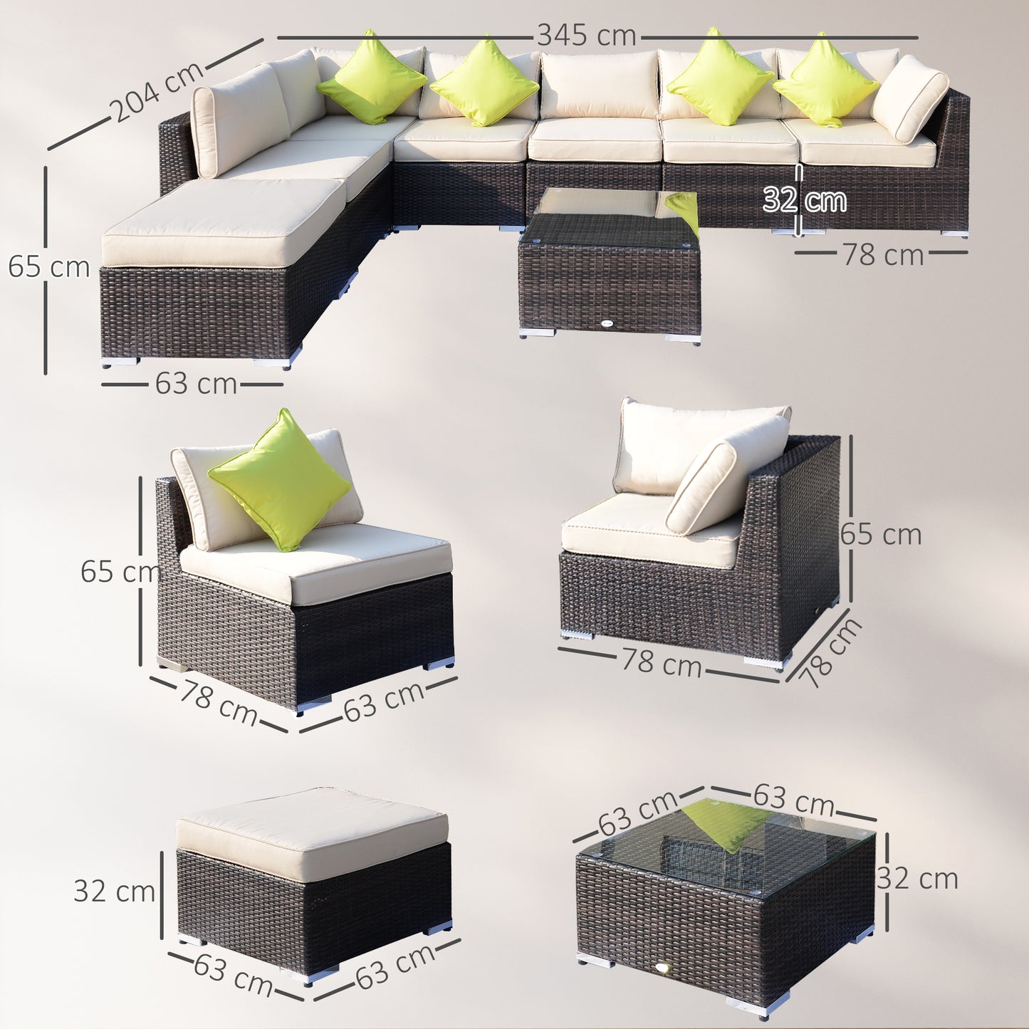 8 Piece Rattan Corner Sofa Set With Wide & Deep Seat, Assembled Aluminium PE Rattan Garden Furniture Set With Thick Cushions And Glass Top Table For Outdoor, Conservatory, Mixed Brown