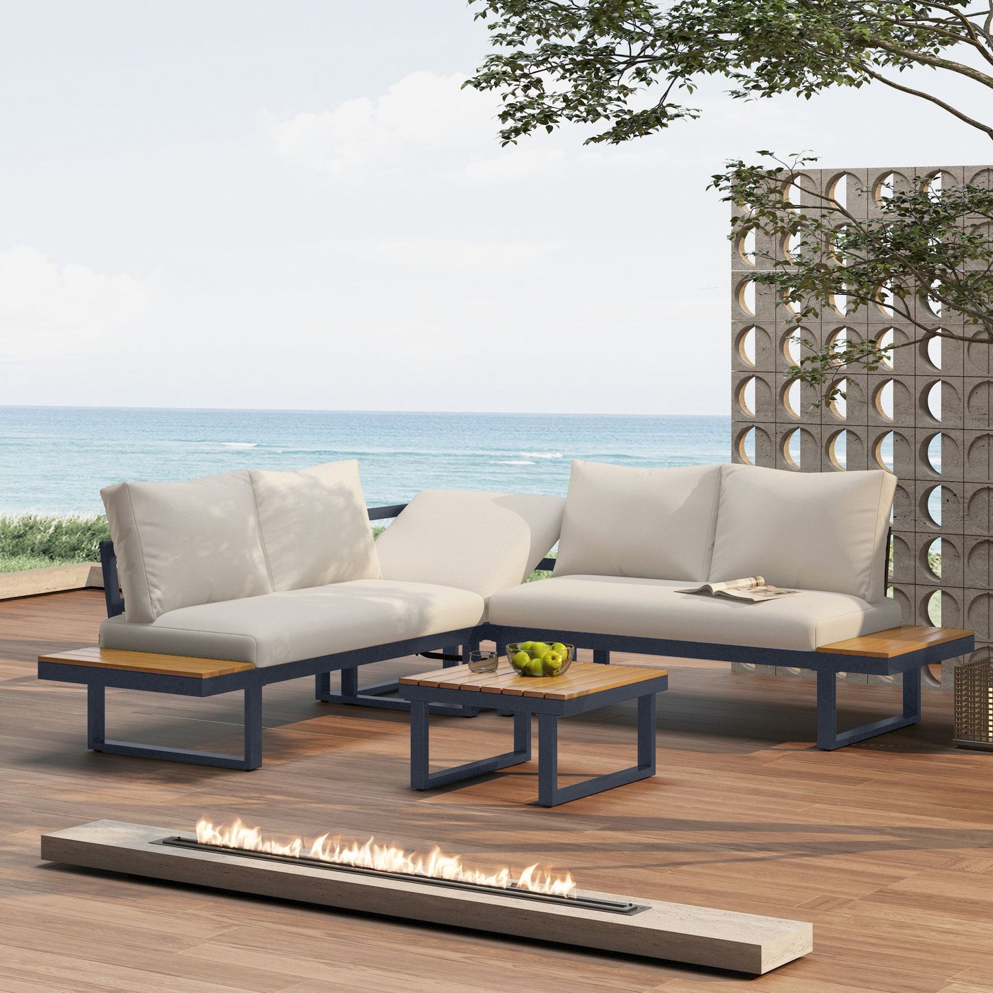 4-5 Seater Garden Lounge Set, Galvanized Iron Frame Outdoor Patio Furniture, 4-Piece Set, Reclining & Adjustable Seating, WPC Tabletop Table Included, Beige Fabric  Dark Gray Frame.