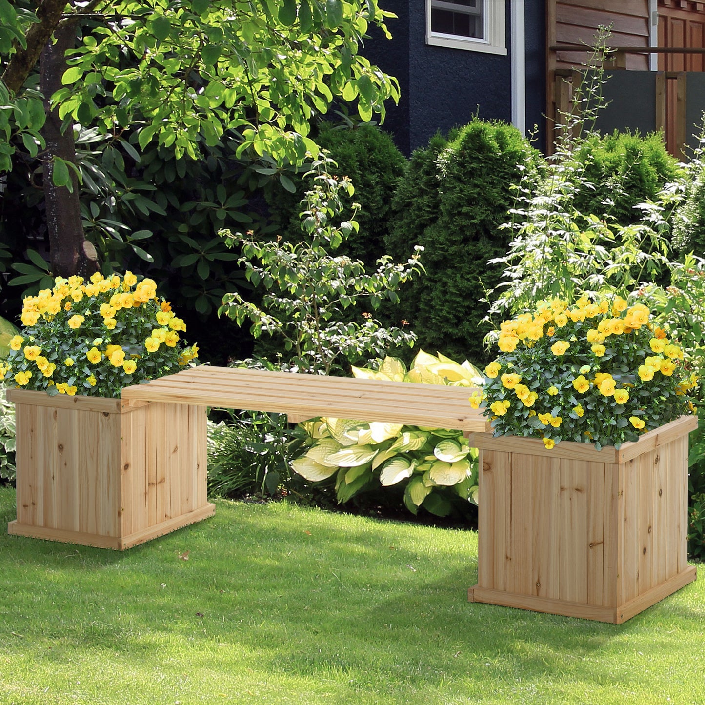 37L Wooden Garden Planter & Bench Combination Garden Raised Bed Patio Park Natural 176 X 38 X 40 Cm