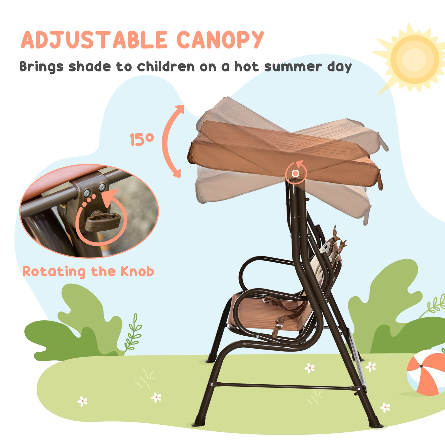 Porch Swing for Kids with Adjustable Canopy to Block Sun at Angles
