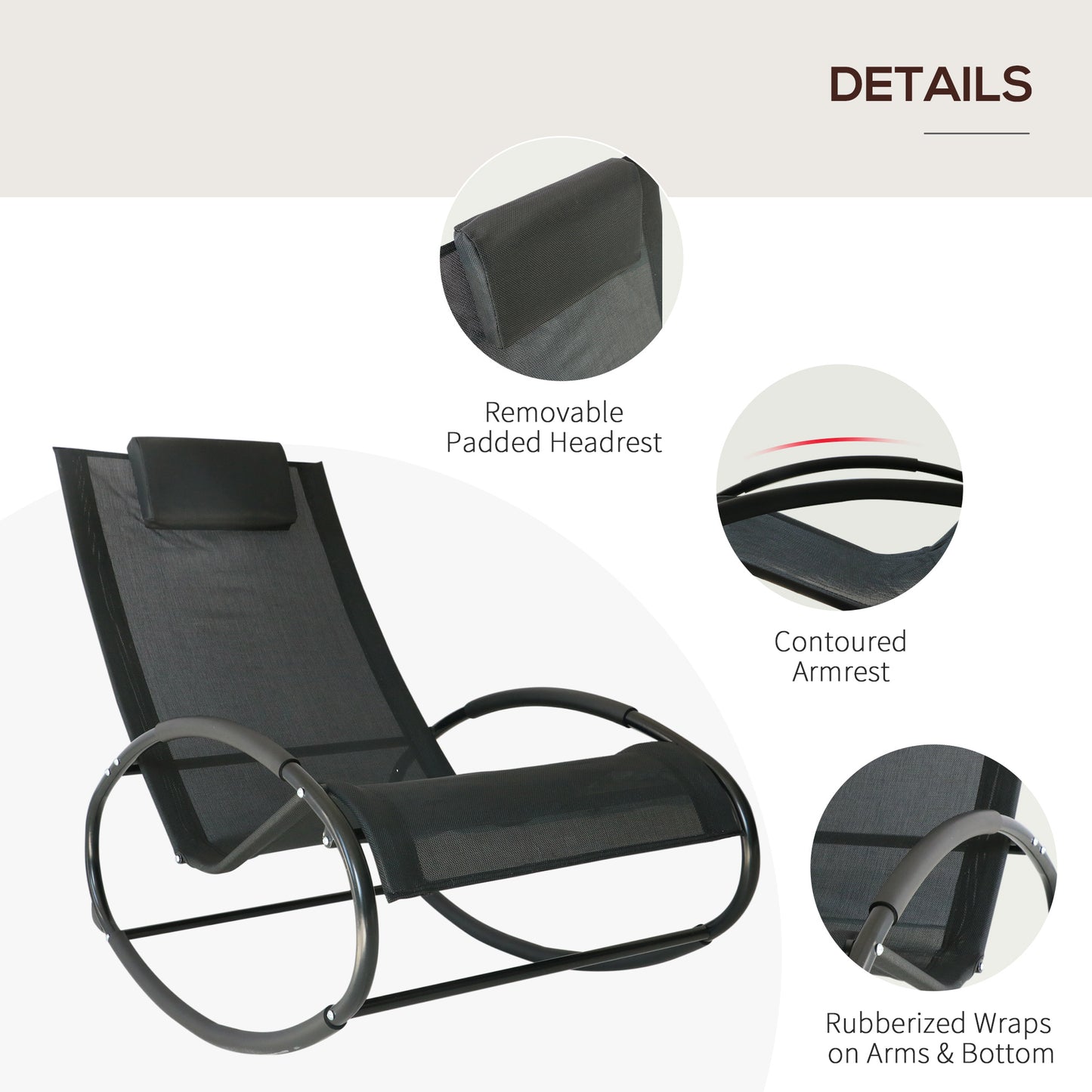Patio Rocking Chair, Outdoor Chaise Lounger With Headrest Pillow And Breathable Fabric For Backyard, Living Room, Deck And Poolside, Black