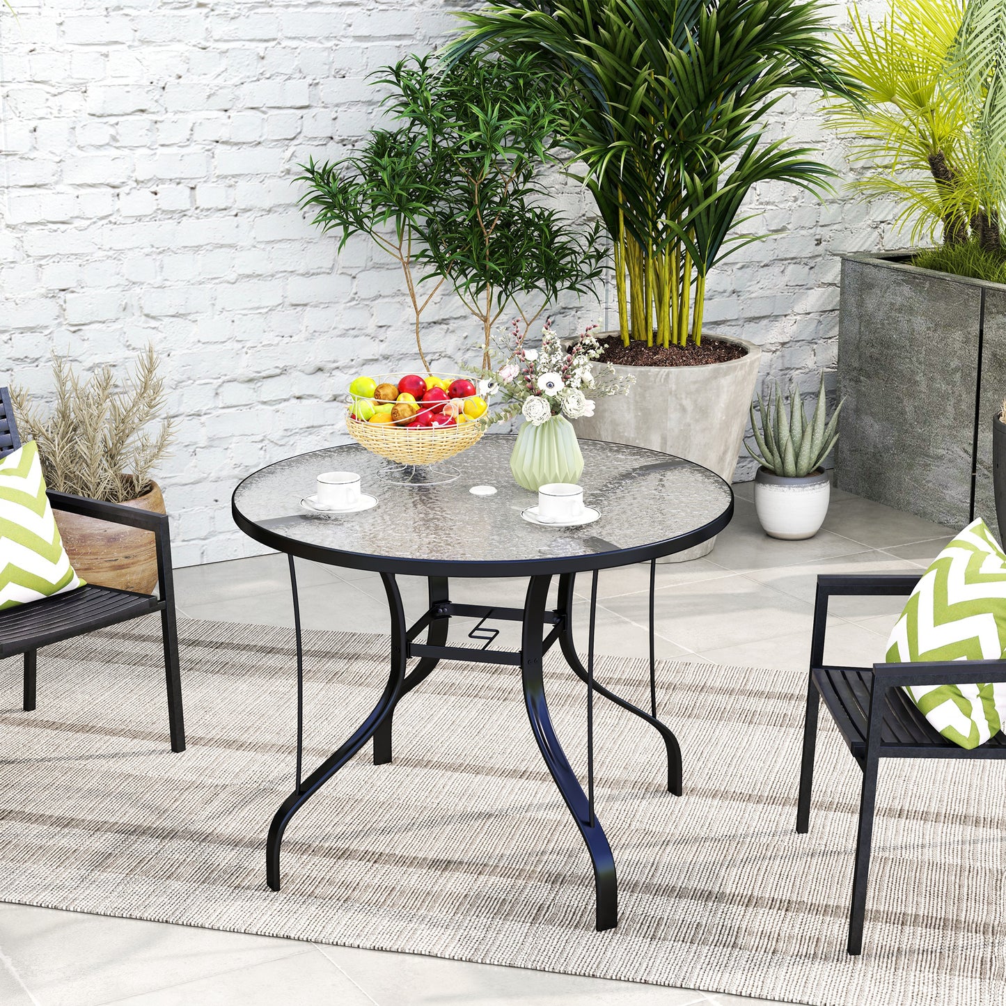 38 Round Patio Table With Umbrella Hole, Tempered Glass Outdoor Dining Table, Black