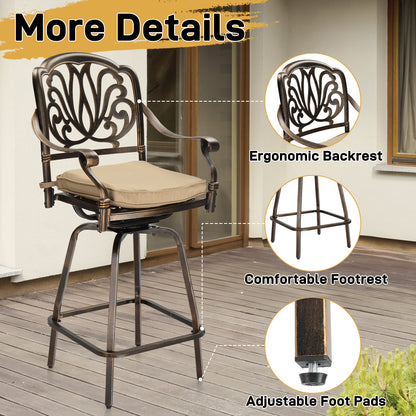 2pcs Bronze Color, Beige Cushion, Cast Aluminum Bar Stool