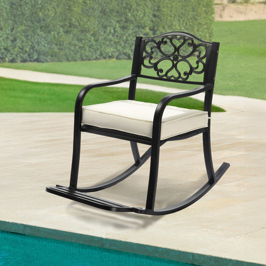 Metal Rocking Chair, Outdoor Rocking Bench With Cushion, Patio Rocker With Footrest, Weatherproof Rocking Chair For Outside, Patio, Garden, Flower Backrest