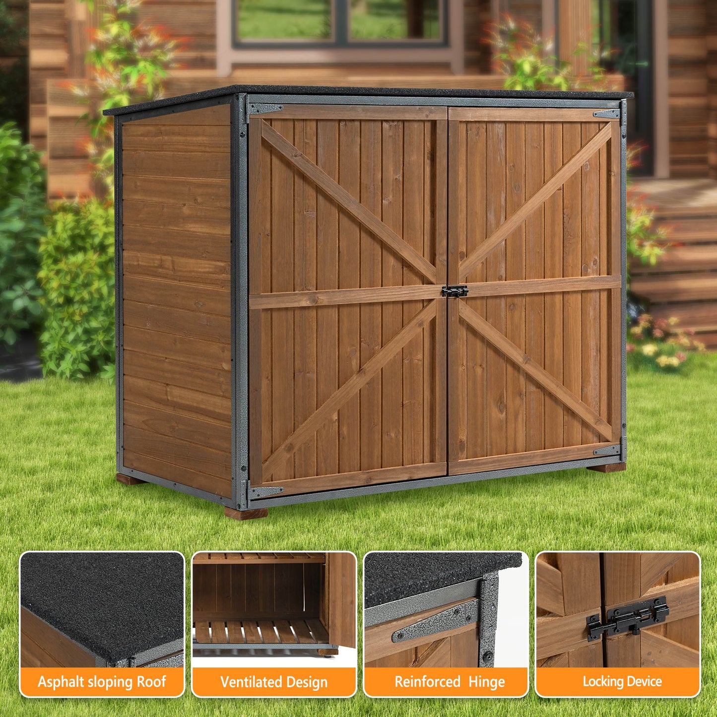 Outdoor Storage Cabinet 50.4L X 26.8W X 41H Ft Garden Shed Tool Shed With Metal Frame Structure For Garden Patio Lawn Brown