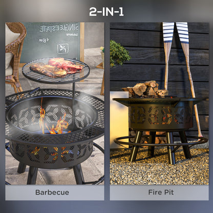 Wood Burning Fire Pit, Charcoal BBQ Grill, Portable Firepit With Cooking Grate, Pan, And Poker, 33", Black