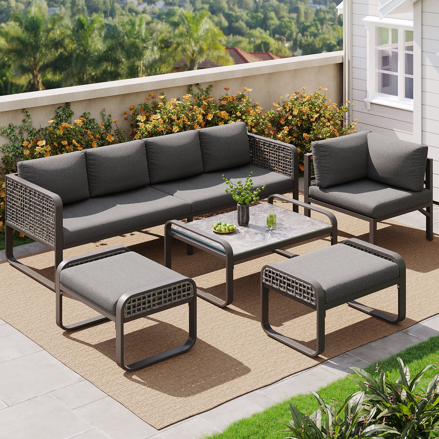 Outdoor Garden Lounge Set, Rattan Furniture Set For 6-7 People, Corner Sofa With Galvanised Iron Frame, Adjustable Legs, Includes All Seat And Back Cushions, Grey