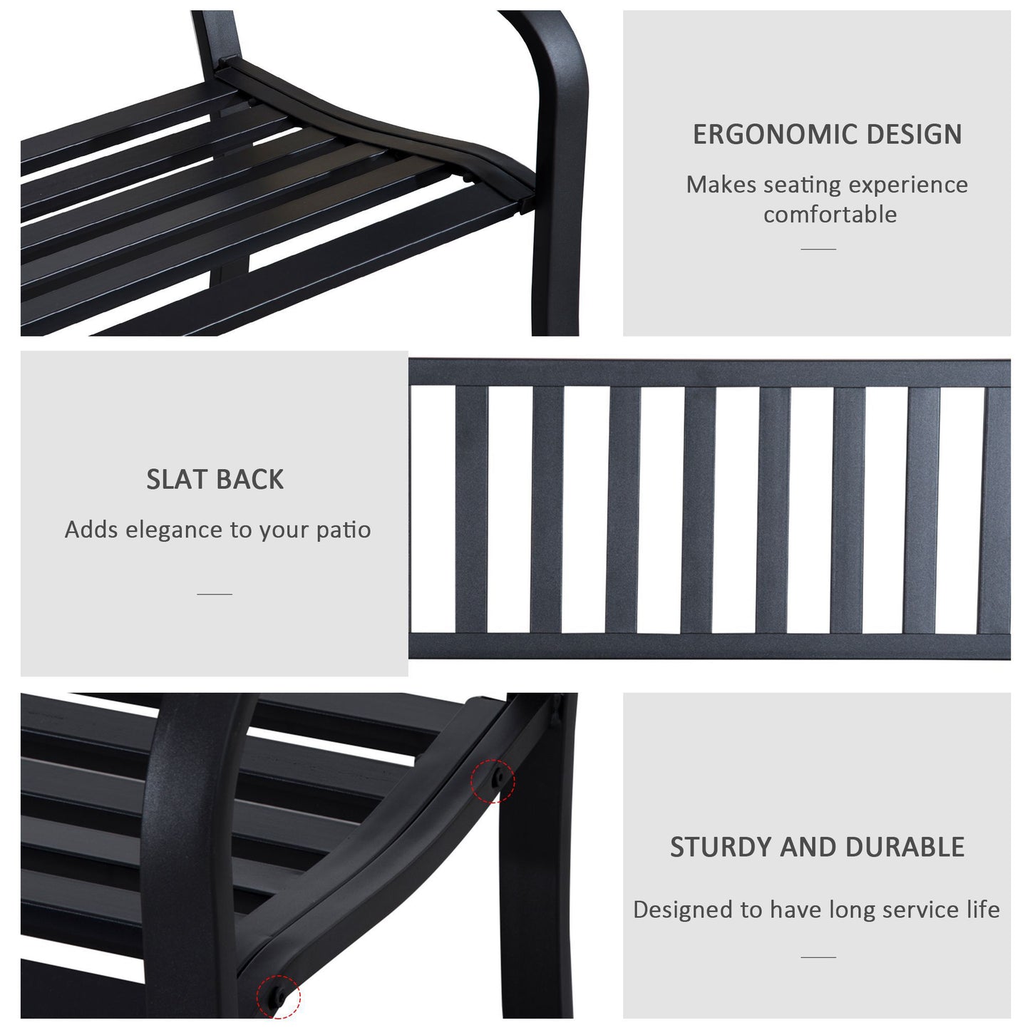 50ft Outdoor Bench Seat, Patio Bench With Slatted Seat, Metal Porch Bench, With 2 Person Design, For Poolside, Lawn, Black
