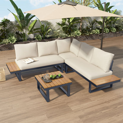4-5 Seater Garden Lounge Set, Galvanized Iron Frame Outdoor Patio Furniture, 4-Piece Set, Reclining & Adjustable Seating, WPC Tabletop Table Included, Beige Fabric  Dark Gray Frame.